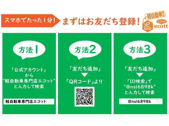 軽自動車専門店エコットでは、公式LINEのアカウントがあります！電話やメールでのお問い合わせが面倒だなというかたは、お気軽にLINEにてお車相談を受け付けております！是非ご利用ください！営業担当森村まで！