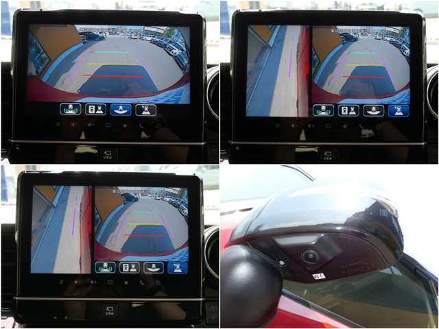 車の前後左右4カ所にカメラを設置しクルマを真上から見たような映像を大型モニターに映し出し前後の間隔がつかみにくい縦列駐車や左右の見通しが悪い場所からの発進時など運転席からは見えにくい視界を補います。