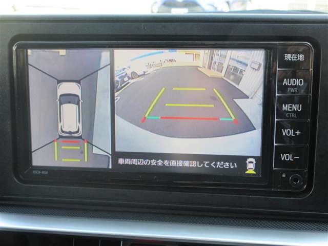 パノラマモニター装備です。車を真上から見る映像が駐車の不安を軽くします。4つのカメラで車両周辺の映像を映し出します！カメラアングルは限界がありますので目視もして下さい。アングルは数種類選択できます。