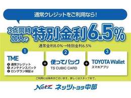 「通常割賦」＋「使ってバック」＋「TOYOTA Wollet」の3点をセットにした特別金利プランです。通常金利8.0％のところ、TME6.5をお選びいただくと特別金利6.5％に