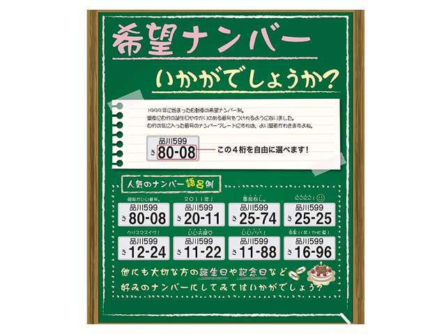 お好きな数字を購入したお車のナンバーにしてみませんか？ご自身のラッキーナンバーや記念日など、お気軽にお申し付けください。　ご希望に添える事の出来ないナンバーも御座いますので、予めご承知ください。