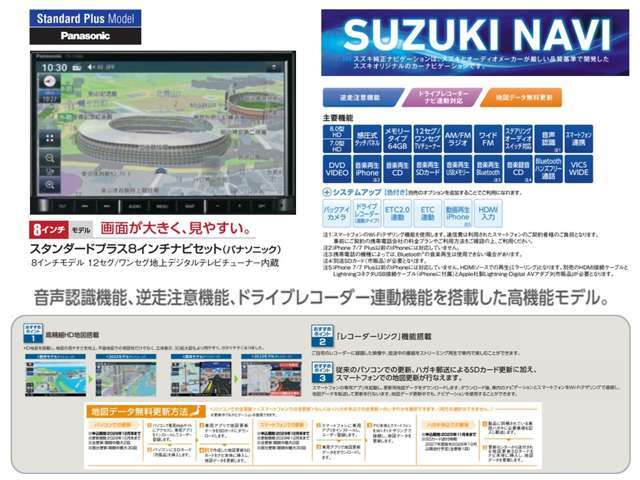 Aプラン画像：音声認識対応、逆走注意機能、ドラレコ連動機能搭載の高機能モデル2024年モデルパナソニック製メモリーナビ。12セグ/ワンセグ地デジTVチューナー内蔵。※車両の仕様によって、別売り部品が必要になる場合あり。