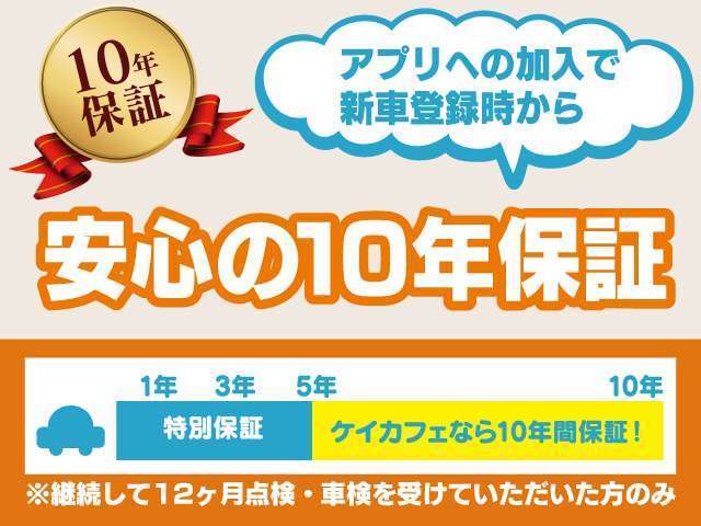 〇新車登録から5年間は、メーカー保証の内容に準じた自社保証をしております。さらにアプリにご加入いただくと、主要5つの部品は合計10年間保証致します（条件有り）。詳しくは「ケイカフェ」で検索！