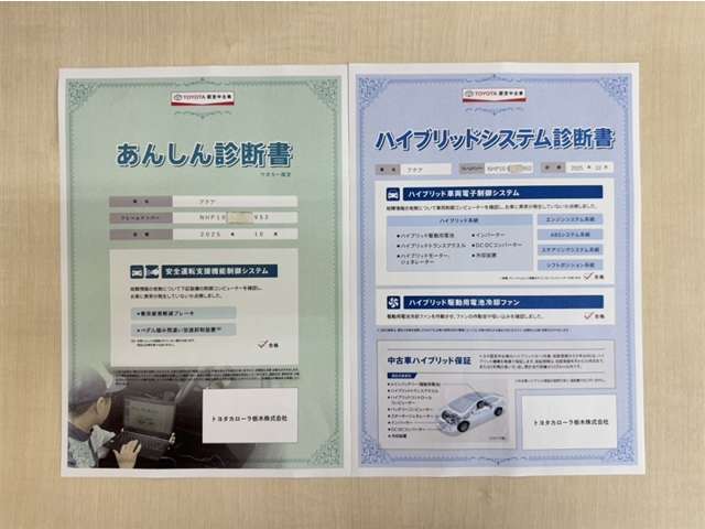 「サポカーあんしん診断」「ハイブリットシステム診断」実施済み。安心安全にお乗り頂けるようトヨタ専用診断機器で綿密にシステムを点検しています。