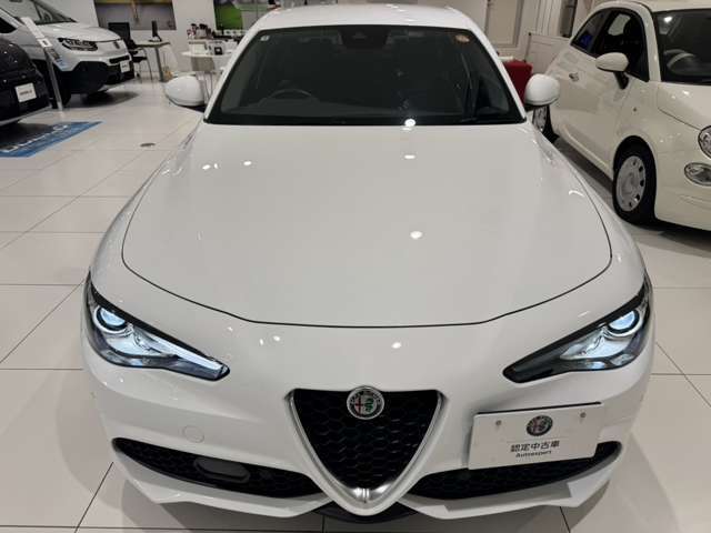 盾型グリルとアルファロメオエンブレムが真ん中にあって日本車では珍しいナンバープレートが端にあります