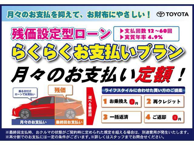 残価設定ローン取り扱っております！月々の定額プランでお得に乗れます♪　月々のお支払いは、低めに抑えて乗りたいですよね！詳細はスタッフにご相談下さい♪