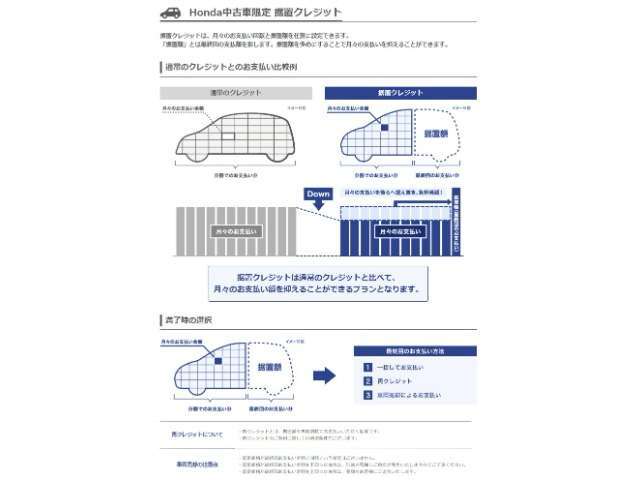 一定額を最終回のお支払いに据え置き、月々のご負担を軽減出来ます。数年後の据置額をあらかじめ設定し、その「据置額」を除いた金額を分割でお支払いいただく人気のお支払方法です。