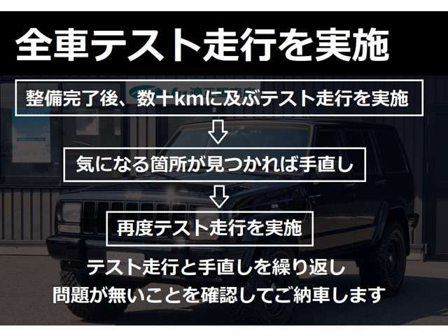 『ガッチリ整備』は納車前整備を施工するだけでは終わりません。テスト走行を繰り返し、警告灯の点灯などトラブル等が発生しない事を確認してから、納車前仕上げ後、ご納車します。