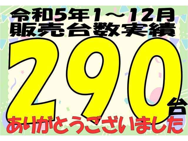 ありがとうございました　令和5年　年間販売台数290台　お世話になりました　価格と品質にこだわりの総在庫50台です　スマホで選んで展示場にご来店ください　走行キロにこだわらずに新しい年式のお車をゲット