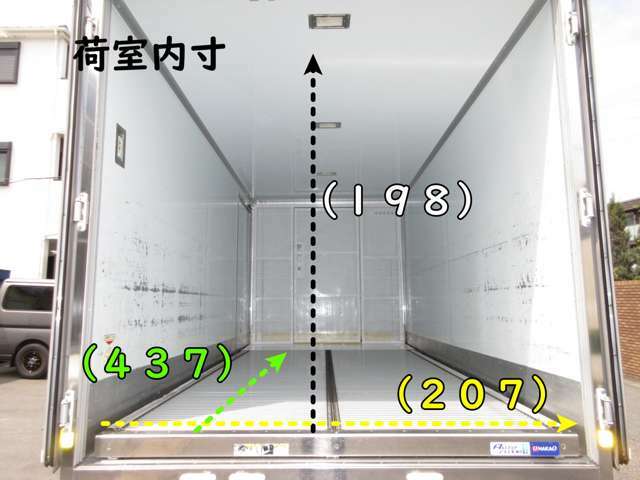 門口高さ196　荷箱　日本フルハーフ　GAE4　EIEE976　オートフロア　ナカオ工業　N-2-1-1C　荷室長さ437x幅207x高さ198センチ　スライドドア　リアカメラ　コーキング処理済