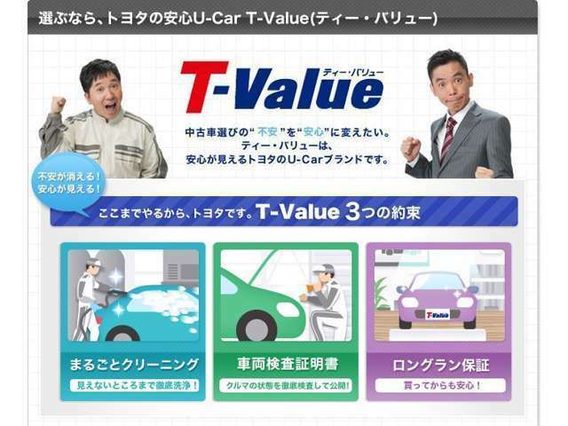 T-Valueとは3つの安心をあなたに　1.ピカット一平による徹底洗浄　2.車の品質が一目でわかる車両検査証明書付き　3.購入後も安心のロングラン保証付きです。詳しくはスタッフまで
