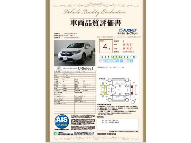 評価シートになります、商談の際は現車確認をお願いします。