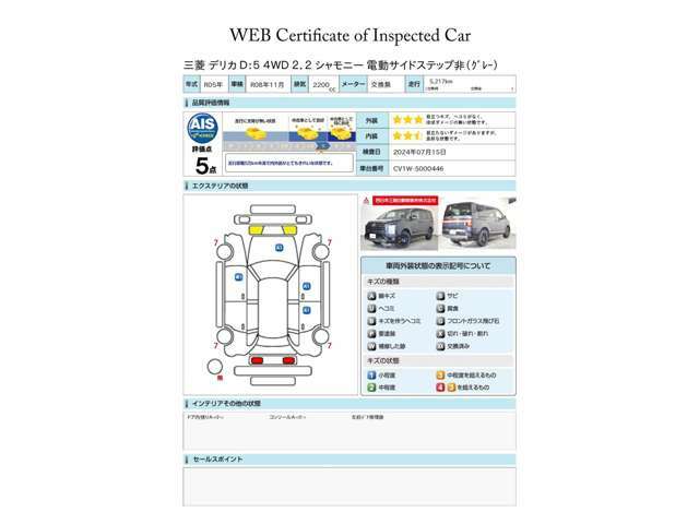 第三者検査機関 AIS社の車両検査済み！総合評価5点（評価点はAISによるS～Rの評価で令和6年7月現在のものです）☆