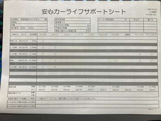 【安心カーライフサポートシート】京滋マツダでは、ご安心いただけるよう、新車をご購入いただいてからの整備歴を明確にしています。