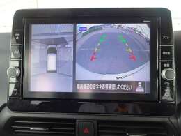 アラウンドビューモニター画像になります。4方向のカメラ画像を合成をし、上から見たような画像にしバック駐車時の死角を無くします。