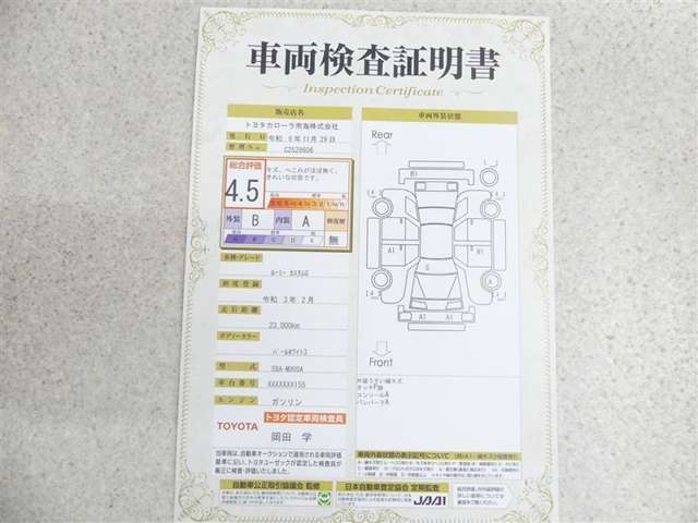 車両検査証明書付きです！だれでも中古車の状態がすぐにわかるよう、車のプロが客観的にチェック。車両の状態やわずかなキズも正確にお伝えします。