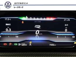 【デジタルメータークラスター】”R”専用のデジタルメーターになっております。スポーツモードとレースモード選択時にはR専用グラフィックを映し出します。