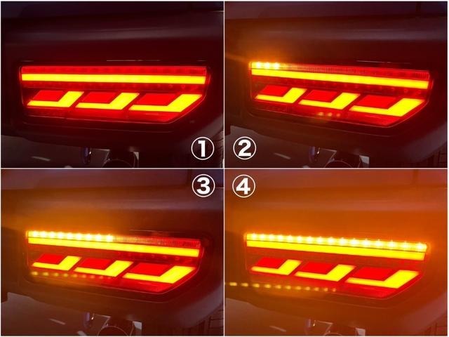 流れるウインカー点灯時にはLED片側16個が内側から　外側に向けてシーケンシャルを点灯します。ランプ裏側の配線を抜くだけで点滅点灯と切り替え可能となっている為、車検にも対応しています。