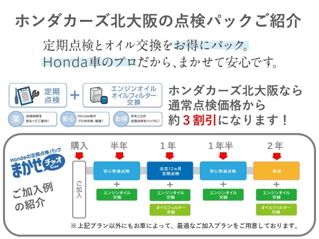 定期点検とオイル交換のお得なパック「まかせチャオ」。半年に一回、愛車のコンディションを快適に保ちます。