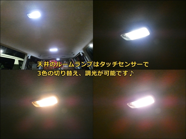天井のルームランプは3色切り替え、調光が可能です。