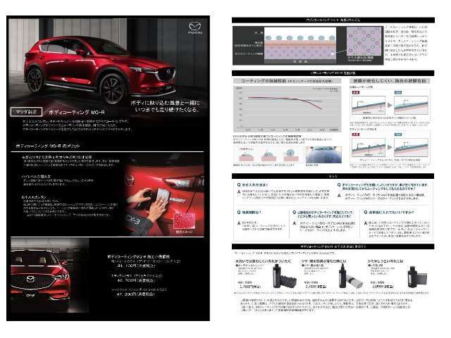 マツダ純正『ボディコーティングMG-R』。お手入れがカンタン、ボディを汚れから長時間守る本格的なガラス系コーティングをご用意しております。