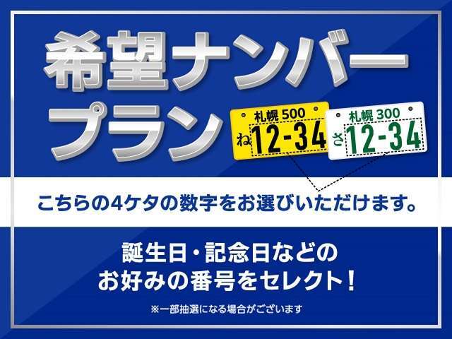 ナンバープレートをお好きな番号に！大きい数字4桁の部分で、1桁・2桁・3桁でもOKです（一部抽選の場合有）