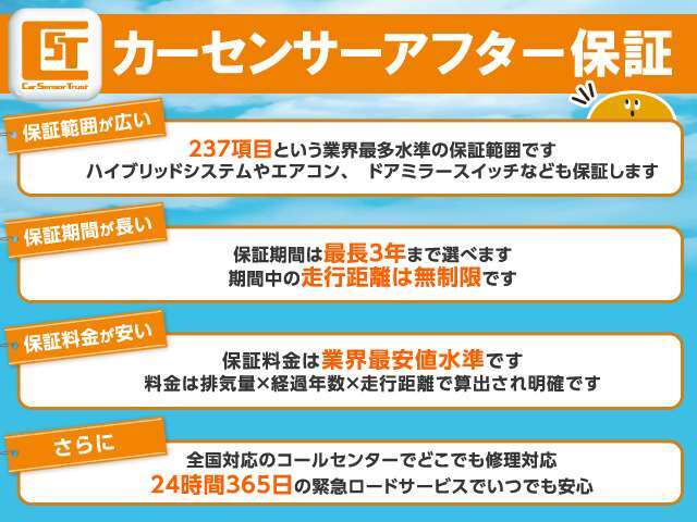 業界最多クラス、237項目にも及ぶ、カーセンサーアフター保証の3年にご加入して頂くプランです！全国何処の認証工場（ディーラー等）でもご対応、ロードサービスまで付いた安心の保証です！