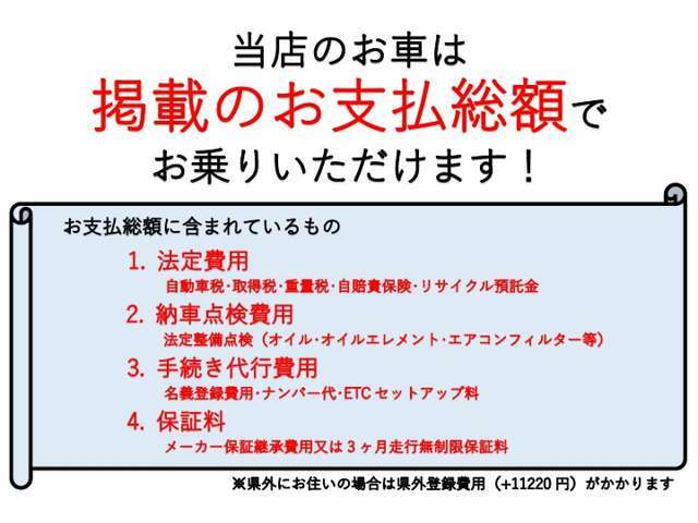 Aプラン画像：御支払総額には法定費用、納車点検費用、手続き代行費用、保証料も含まれております。掲載の御支払総額でお乗りいただけます。（県外にお住いの場合は県外登録費用（＋11220円）がかかります。