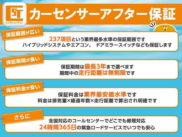 Aプラン画像：カーセンサーアフター保証は、購入後の不安を安心に変える、中古車専用の保証制度。業界の中でも幅広さを誇る保証範囲で安心のサポート。万が一の故障も保証範囲内なら修理費用の負担が0円！安心お得なプランです。