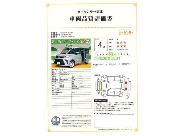 遠方の方もご安心下さい！各車両に第三者機関（AIS検査）の評価書をお付けしております！外装のキズや状態等をご提示しております。（一部検査中の車輛もあります。）