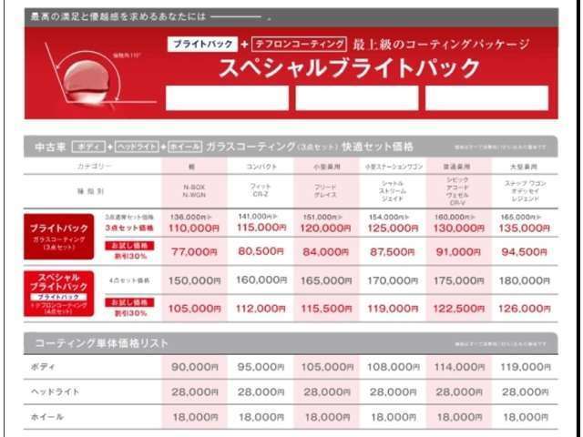 ブライトパック価格表です。・・・高機能を身に纏い、保護する3つのコーティングをあなたの愛車に。スペシャルブライトパック