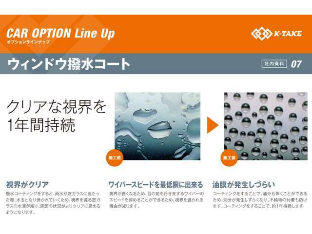 クリアな視界を1年間持続！窓ガラスの撥水コートがセットになったプランです。