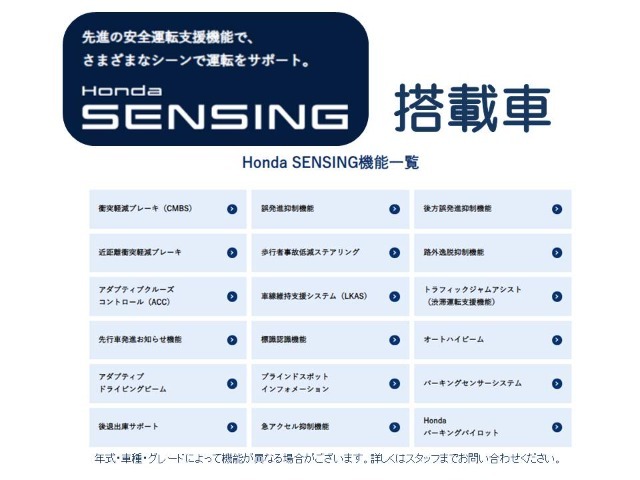 HondaSENSING搭載車になります。詳しくはスタッフまでお問い合わせください。