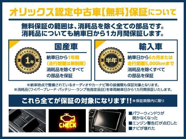 オリックス認定中古車は外部機関AISの厳格な検査を全車実施し修復暦が無く状態の良い車両を厳選しておりますので安心してお買い求め頂けます！　保証も充実で安心！