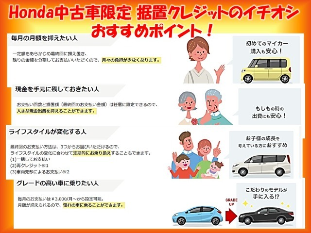 毎月の月額を抑えた方や現金を手元に残しておきた方、グレードの高い車に乗りたい方にお勧めです。据置クレジットならご利用し易い金4，3％です。詳しくはスタッフまでお問い合わせください