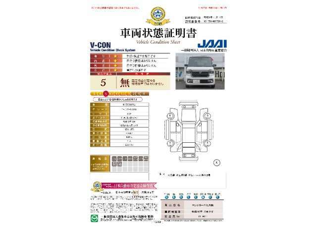 全部の中古車に第三者機関発行の「車両状態証明書」付き。事故の有無やキズの状態が一目で分かり易くご覧いただけます。