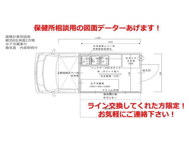 購入予定車両の保健所相談用図面を無料配布しております。こちらもライン交換していただいた方に配布しておりますのでお気軽にご用命ください。