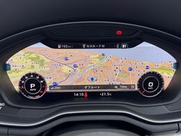 ●Audi　バーチャルコックピット　液晶フルデジタルディスプレイにスピードメーター、タコメーター、マップ表示、メディア情報などフレキシブルに表示させるバーチャルコックピットを装備。