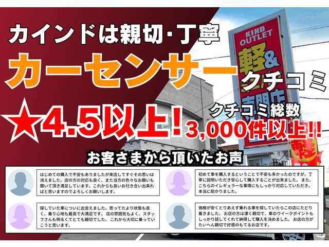 ■カインドは親切・丁寧■カーセンサークチコミ★4.5以上！グループクチコミ総数3,000件以上です！是非、ご覧ください！親切・丁寧をモットーにお客さまに合う最適なお車・プランをご提案させていただきます！