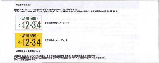 軽自動車、普通車共にお好きな番号をお選び頂けます。