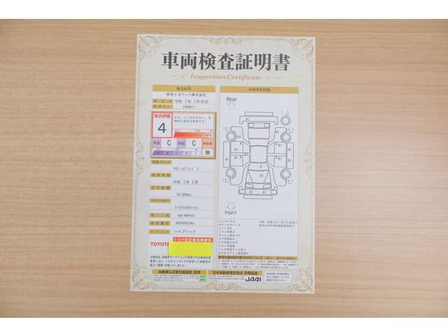 【車両検査証明書】店頭にてクルマの状態が一目で分かる検査証明書を公開中。トヨタ認定検査員が厳しく査定し、状態を点数と図解で表示しています。修復歴はもちろん、傷やヘコミの箇所や程度がご確認いただけます。