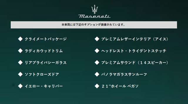●車両オプション●メーカーオプションまたは標準装備の一覧になります。機能の詳細は店舗スタッフまでお気軽にご連絡ください♪03-6861-5080