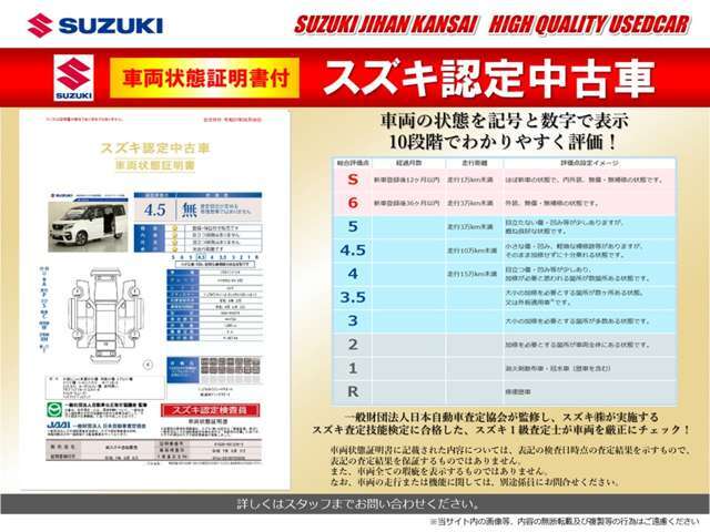 車両の状態が一目でわかる車両状態証明書付の「スズキ認定中古車」！一般財団法人日本自動車査定協会が監修し、スズキ査定技能検定に合格した認定1級査定士が車両をチェック！良質車を厳選し販売を行っております！