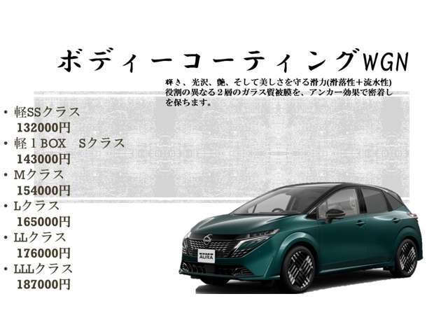 新開発のガラス質被膜を2層をボディに形成します！2層が作りだす滑落性・流水性が最大の特徴です！　3年間光沢保証が付きます。コーティング施行しておくと普段の洗車は、水洗いでOKです！