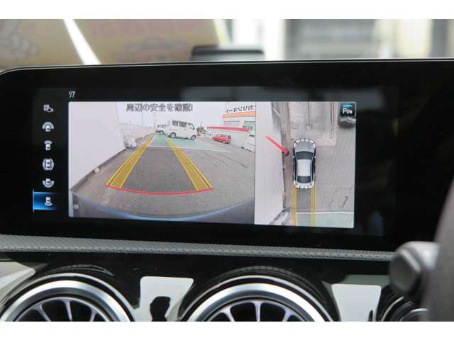 フロント、両サイド、リヤの4カ所に設置したカメラの映像を合成・処理し、自車の周辺をまるで空から見ているように確認できるパノラマモニター。周囲の死角となる場所をナビの画面で確認することができます。