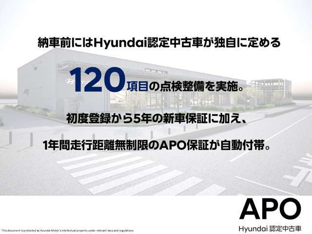 Hyundai認定中古車、APOの車両は初年度登録から8年10万km以内の正規輸入車のみ。修復歴のある車両などはAPOとして設定されません。