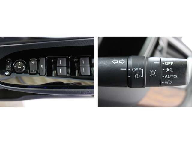 ドアスイッチパネルには電動格納ミラー・ミラーコントローラー、パワーウインドウ・ドアロック集中スイッチを配置、オートライトを装備しています。