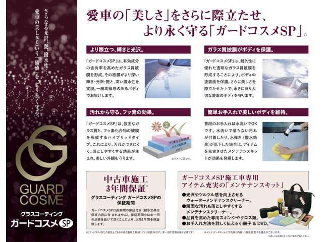 Bプラン画像：光沢、艶、撥水性。愛車の美しさという「価値」を、より永く守る。ガラス質被膜の「輝かせる力」とフッ素化合物の「守るための技」を持つ、進化したハイブリッドボディーコーティングです。