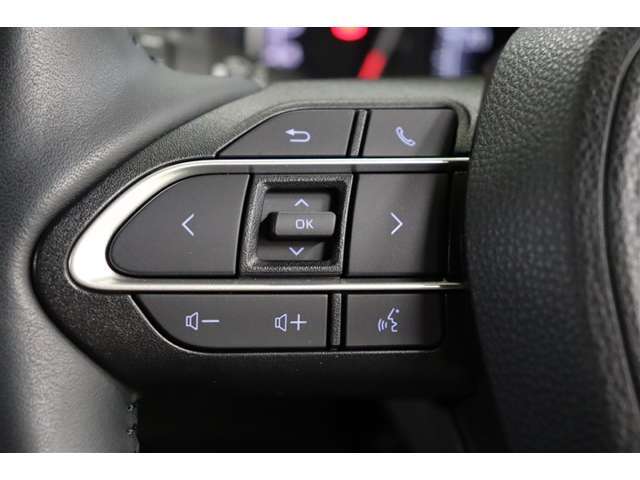 ステアリングスイッチでハンズフリー電話や音声認識、オーディオ操作やマルチインフォメーションディスプレイ内の表示切替えなどが出来ます。走行中に視線を逸らさず出来る手元操作は安全運転につながります。