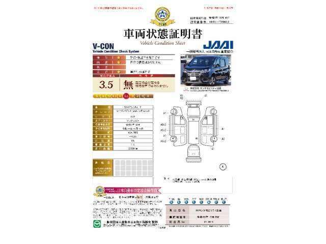 当店に並んでいる展示車には、日本査定協会発行の『車両状態証明書』をお付けしています。修復歴の有無はもちろん、車両状態図を見ながら実車でご確認いただけますのでより安心してご購入いただけます。